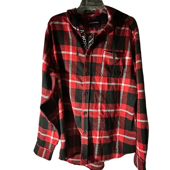Aeropostale Red Black Plaid Hooded Flannel Shirt Men's XL Button Up Casual NWT - Picture 2 of 7